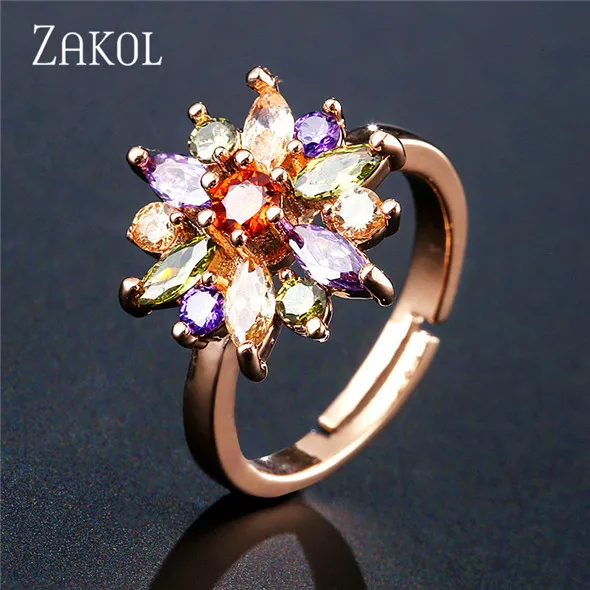 Multicolor Rose Gold ZAKOL, модное розовое золото, цветок, кластер, прозрачный кристалл, цирконий, открытые кольца для женщин, свадебные ювелирные изделия Brincos FSRP2124 - Цвет основного камня: Multicolor Rose Gold