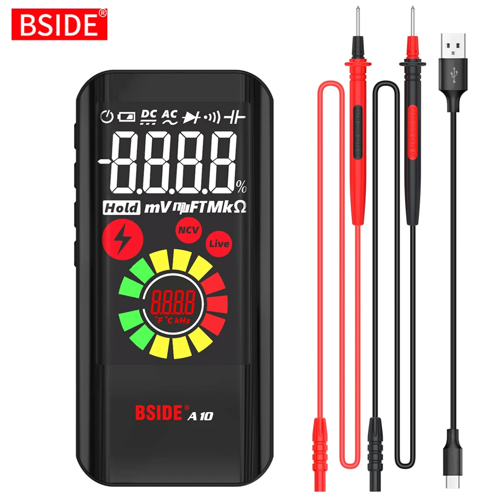 

Ultra-Portable Digital Multimeter BSIDE A10 9999 True RMS Color LCD DC AC Voltage Capacitance Ohm Diode NCV Hz Live wire Tester