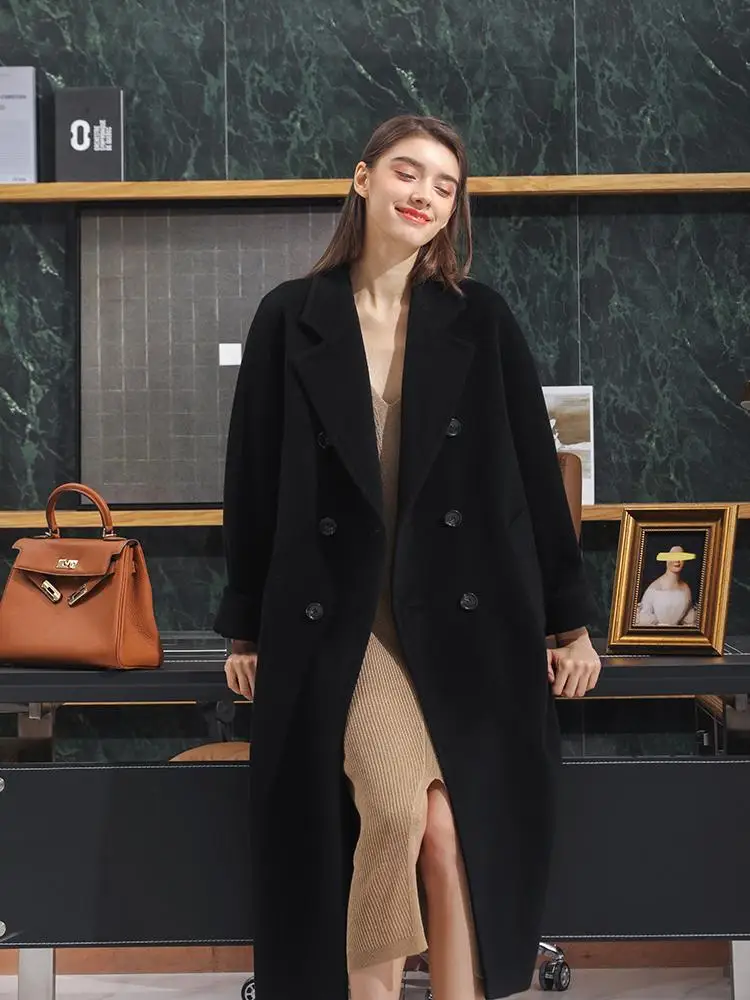 

Толстое двустороннее кашемировое пальто, женское высококачественное двубортное черное шерстяное пальто средней длины, новинка 2021