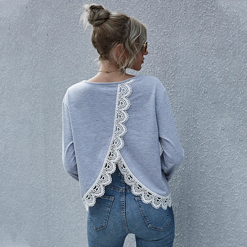 

Sexy Cross Back Hoddies Tshirt Lace Stitching V-neck Loose Sweater Women Autumn and Winter Long Sleeve Blouse Tops