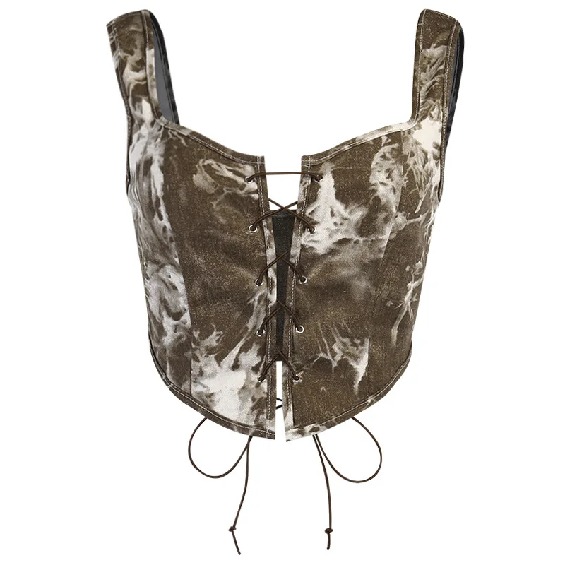 

Outdoor Sexy Camouflage Denim Wild Style Halter Tie Dye Vest Female Drawstring Cami Tops Sexy Women Sleeveless Camisole Summer