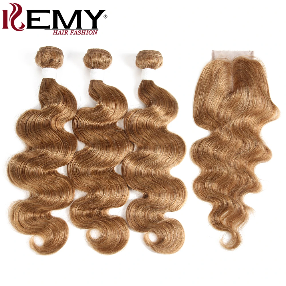Средний коричневый 4# человеческие волосы пучки с закрытием 4*4 kemy Hair бразильские волнистые человеческие волосы ткет 3 шт не реми волосы - Цвет: 27