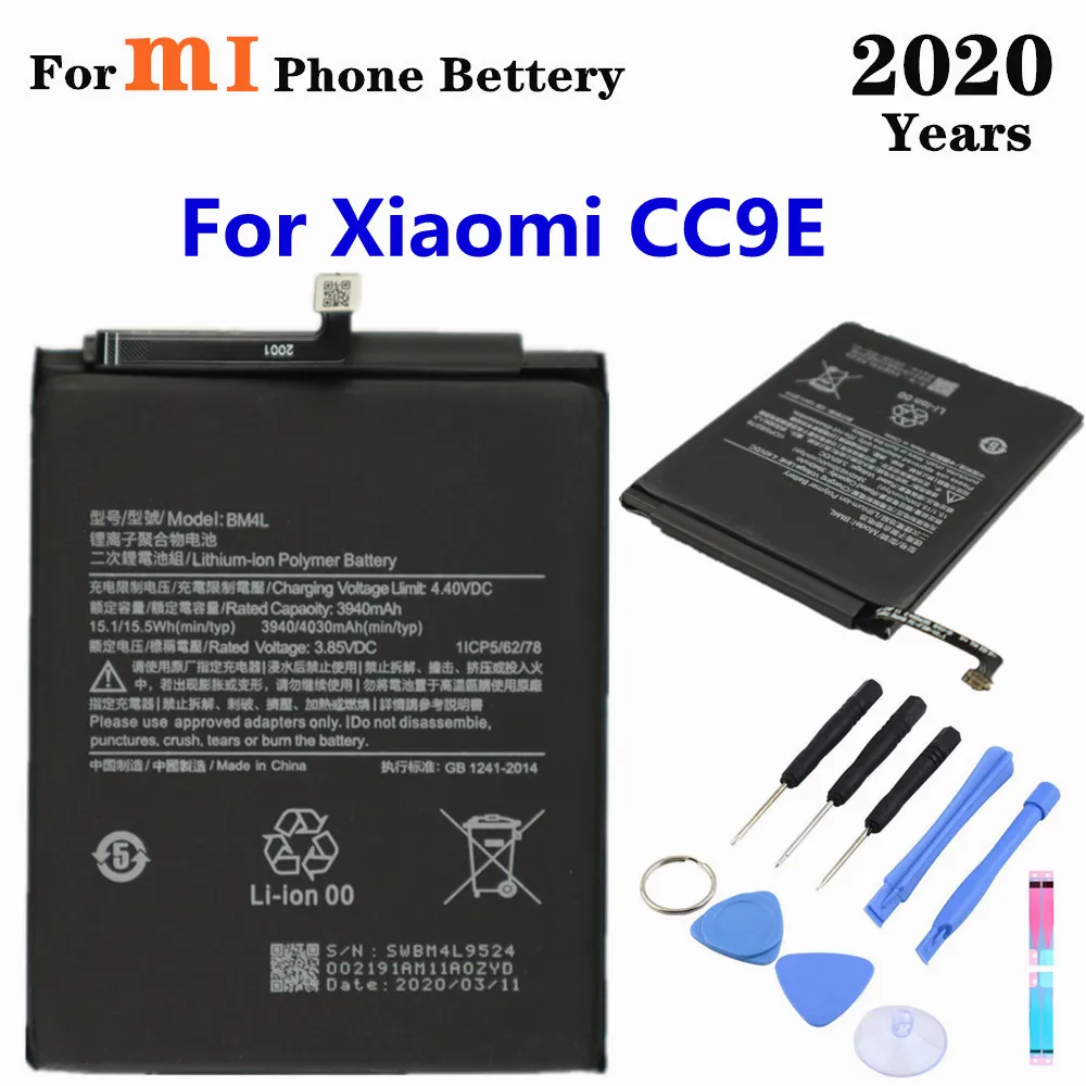 

Батарея для телефона MIUI xiaomi CC9E BM4L 3,85 В 4030 мАч 2020 Втч, сменный перезаряжаемый аккумулятор с инструментами, лет