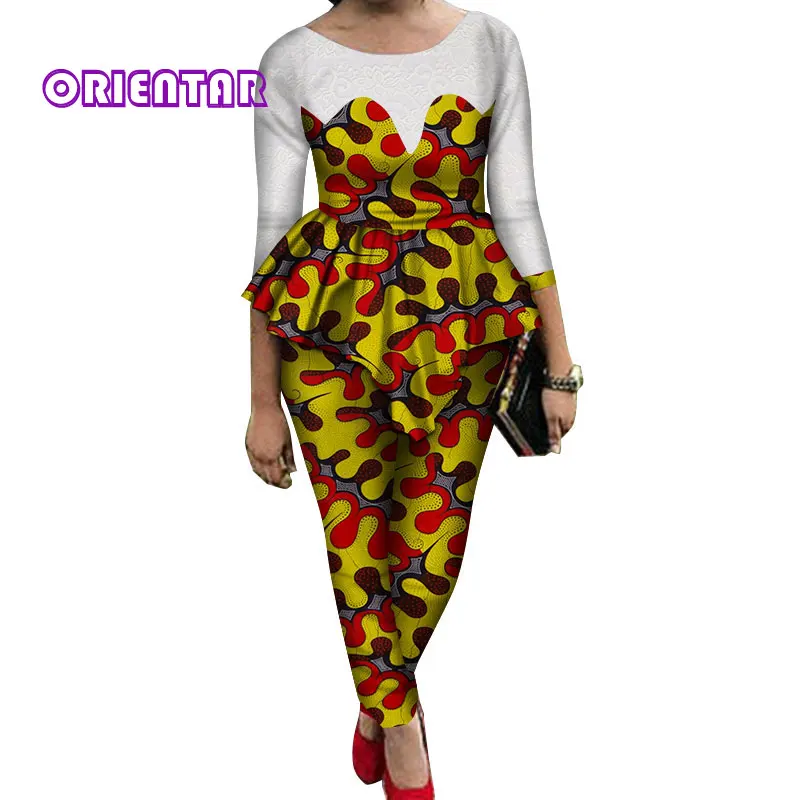 17 2 Pieces Sets Women African Pants Sets African Wax Print Long Sleeve Lace Tops and Pants Women Bazin Riche African Suits WY689 - Цвет: 17