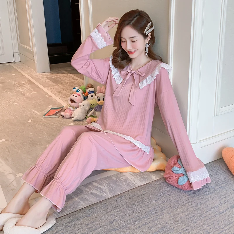 

2020 Autumn Long Sleeve Cotton Pajama Sets for Women Cute Lace Bow Sleepwear Suit Pyjama Homewear Pijama Mujer Home Wear Clothes