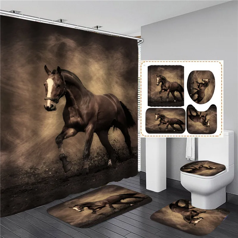 

Running Horse Print Bathroom Set Shower Curtain with Anti-slip Flannel Bathing Mat Doormat Toilet Lid Cover Home Kitchen Carpet