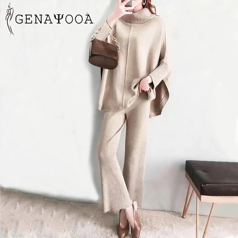 

Genayooa Knit Turtleneck Two Piece Set Top And Pants Women Set 2020 Korean Casual 2 Piece Set Women Tracksuit 2020 Autumn Winter