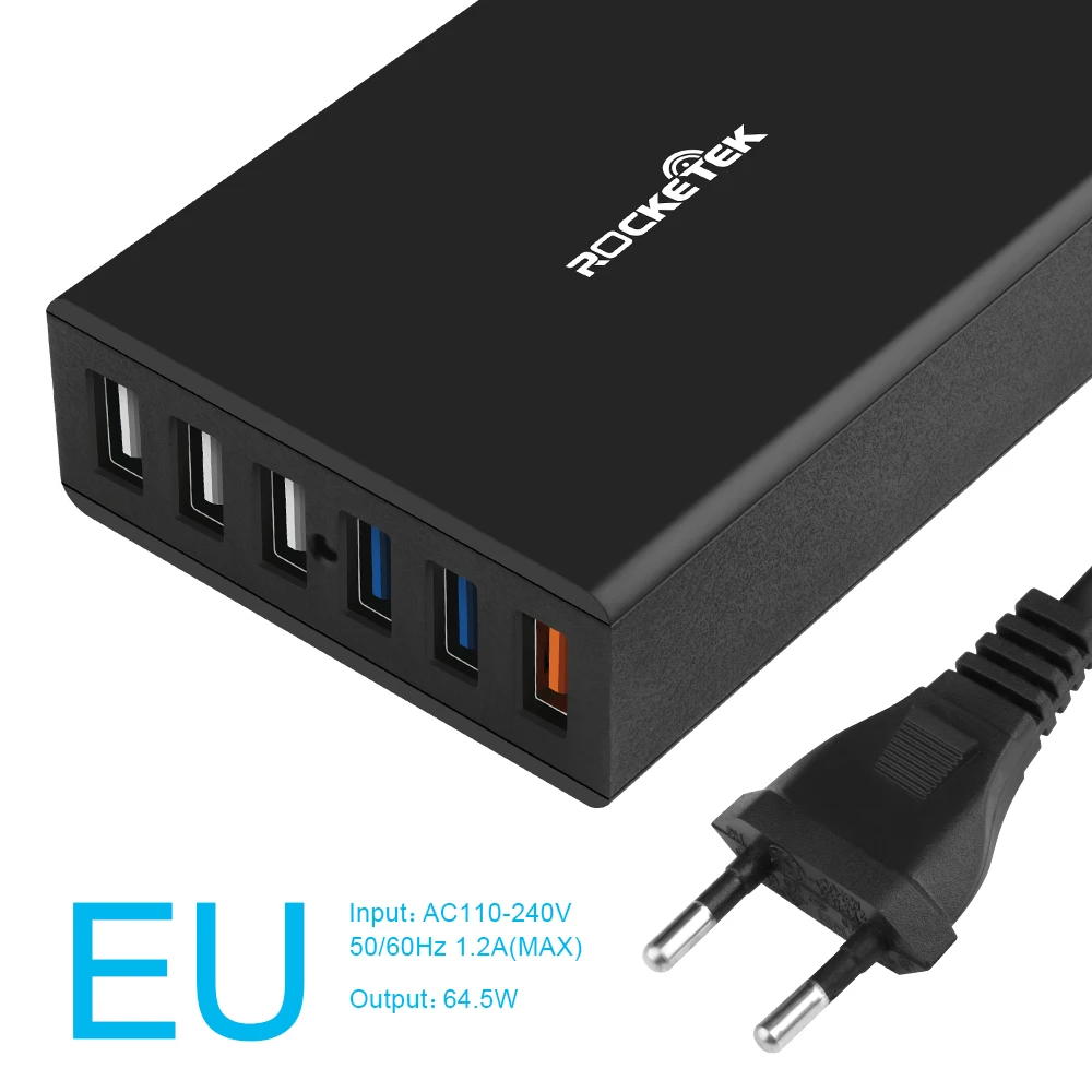 Rocketek Quick Charge 3 0 зарядное устройство 6 USB Smart Fast Turbo мобильное для iPhone7 Samsung Galaxy s6 Xiaomi EU