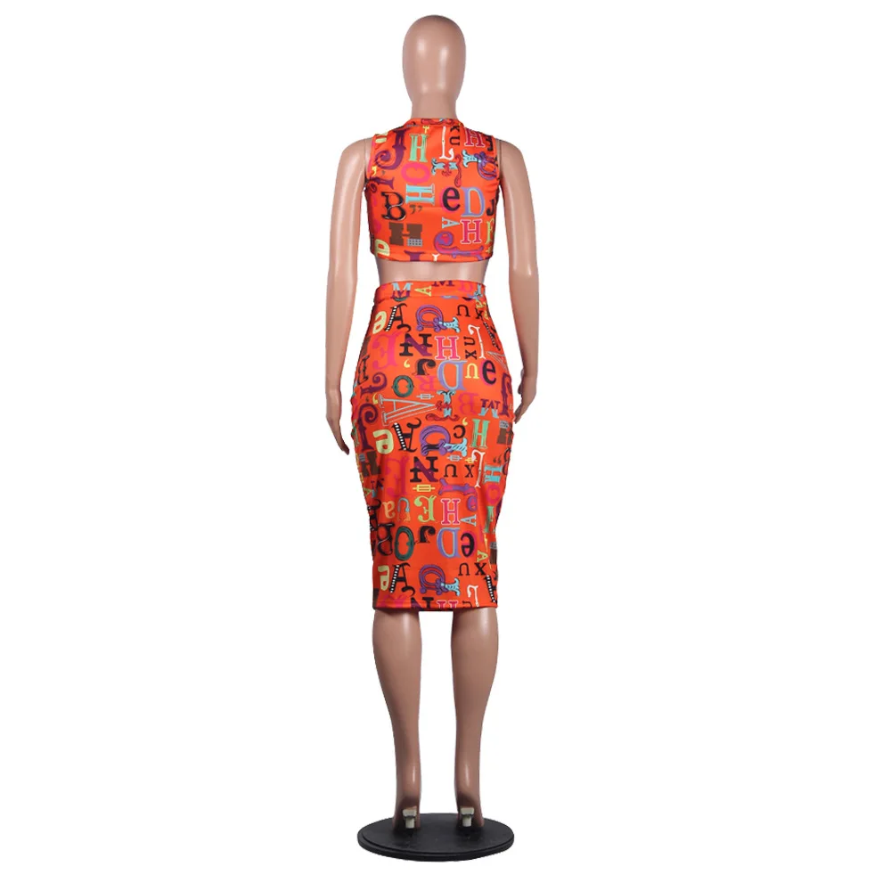 

Letter Print Women 2 Piece Matching Set Drawstring Sleeveless Crop Tops and High Waist Bandage Midi Skirt Suits Birthday Outfits