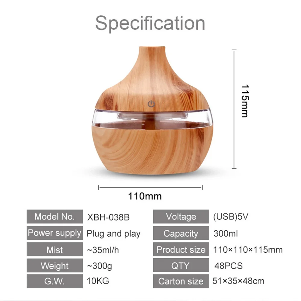

Electric Wood Grain Air Humidifier Mini Essential Aroma Oil Diffuser Ultrasonic USB Rechargeable Humidifier with LED Light