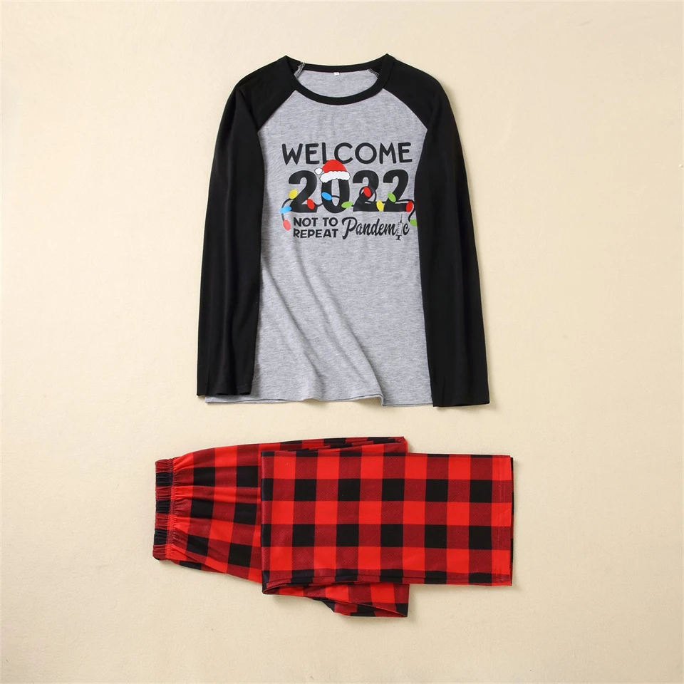 Mother Kids Family Look Matching Christmas Pajamas 2021 Cartoon Letter Printed Women's Tee Shirt Plaid Pants Pjs for Girls Baby
