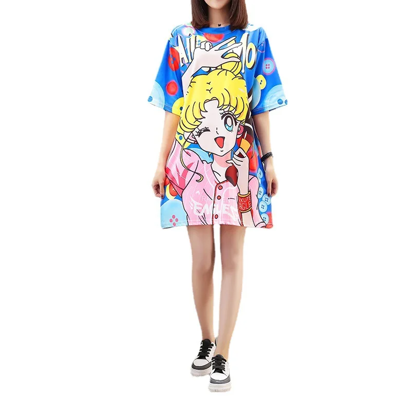 

Gothic fashion tide brand cartoon anime print Harajuku short-sleeved loose mid-length T-shirt women