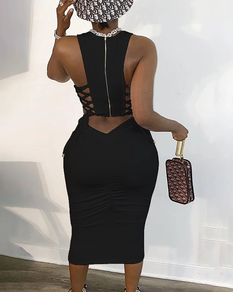 

2021New Fashion Elegant Slim Bodycon Sexy Party Sleeveless Dress Spaghetti Strap Solid Slit Zipper Design Cut Out Lace-up Dress