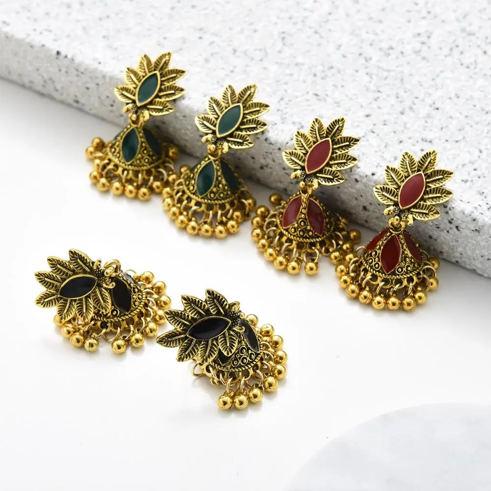 

Ethnic Beads Tassel Indian Jhumka Earrings For Women Vintage Boho Gold Leaf Alloy Bollywood Oxidized Bell Dangle Earrings
