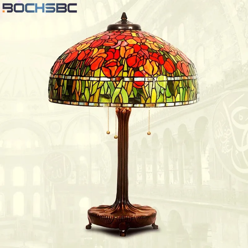 Настольная лампа в стиле Тиффани BOCHSBC роза тюльпан стрекоза Глициния витражное
