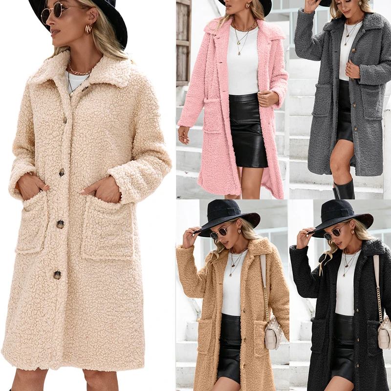 Кардиган с лацканами розовый черный плюшевый длинный однобортный жакет из