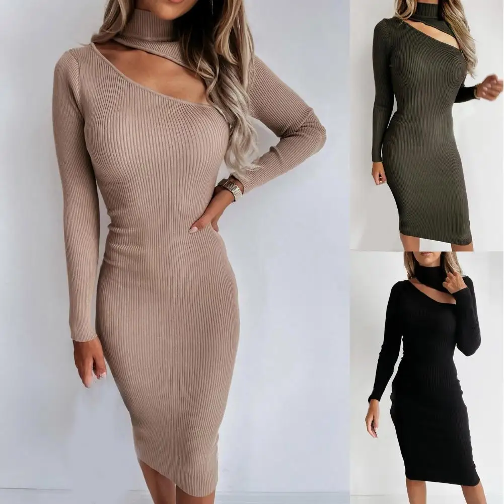 

Autumn Slim Turtleneck Long Knitted Dress Women Winter Long Sleeve Bodycon Sweater Dress Sexy Hollow Out Sheath Party Vestidos