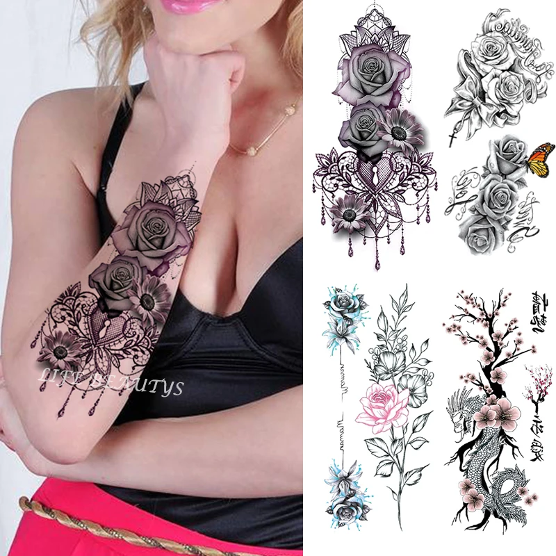 

Water Transfer Deep Pink Henna Lace Rose Flower Temporary Tattoo Sticker Butterfly Body Art Waterproof Flash Fake Tattoos Women