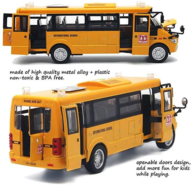 

School Bus Toy Die Cast Vehicles Yellow Large Alloy Pull Back 9'' Play Bus with