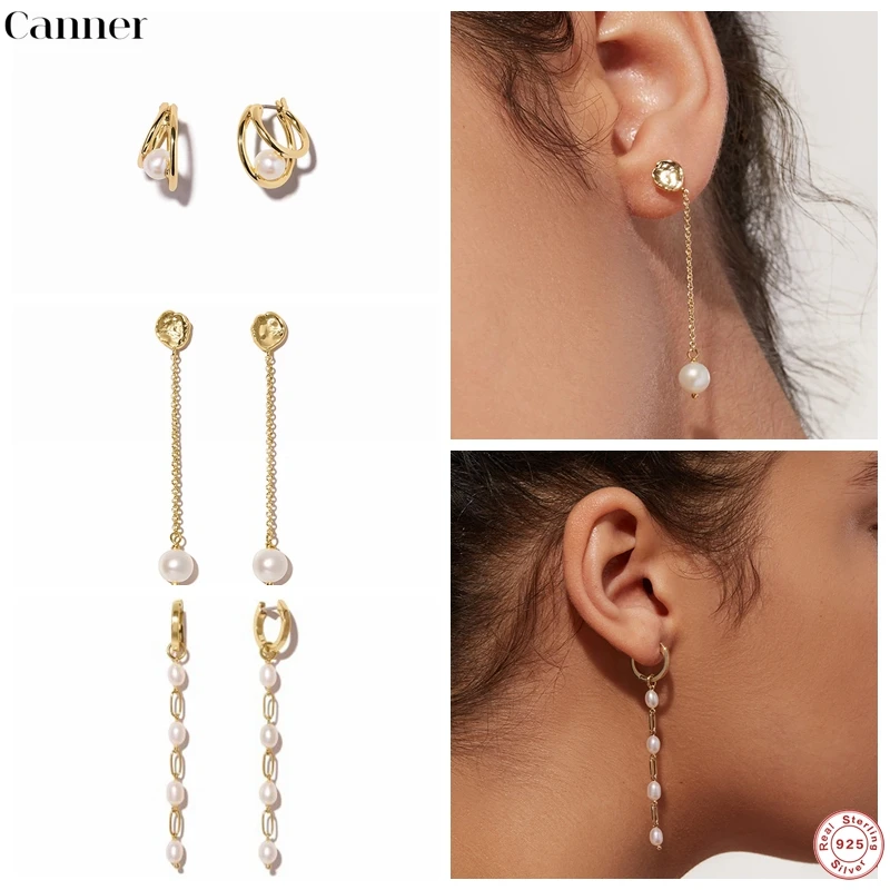 

CANNER Long Dangle Earrings for Women Fashion Crystal Freshwater Pearl Tassel 925 Silver Drop Earrings Vintage Brincos Jewelry