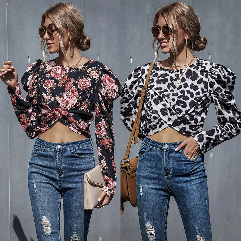 

Top Women's jacket spring and summer tra floral puff sleeve round neck pullover shirt Women's clothing urban casual Blouse 126