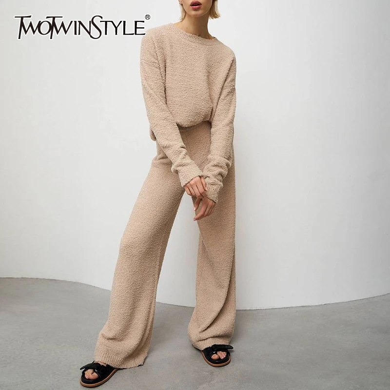 

Женский брючный костюм TWOTWINSTYLE, белый однотонный костюм с круглым вырезом, длинными рукавами, высокой талией и широкими штанинами на лето 2021