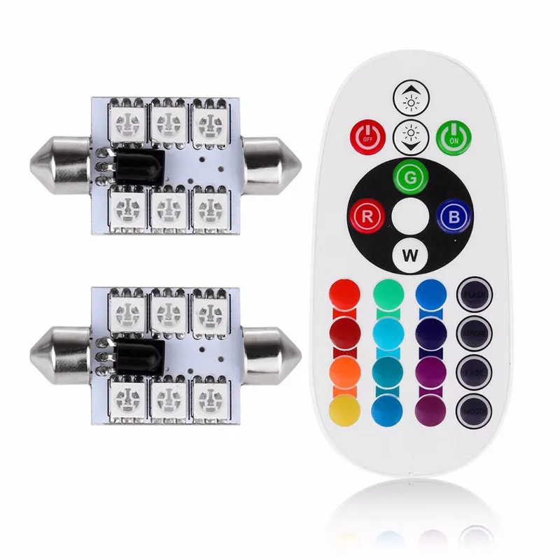 

2 Pcs Universal 36MM Car DC12V 6SMD 5050 Atmosphere Lamp Bulb Interior RGB LED reading light With Remote Controller