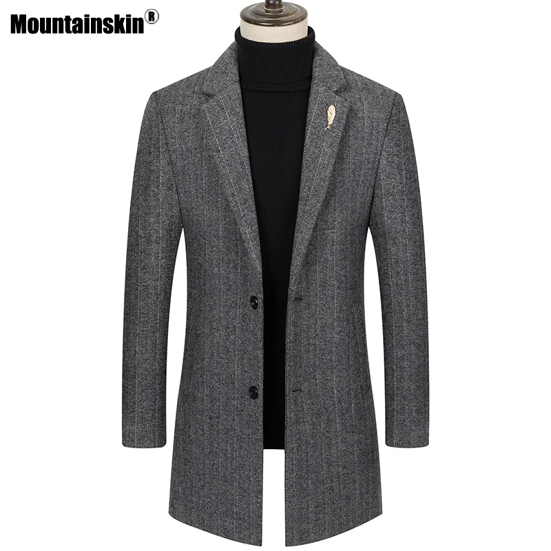 

Mountainskin Mens Long Wool Coat Men Fashion Vertical Stripes Thick Coat Winter Autumn Casual Slim Fit Woolen Coat Male SA996