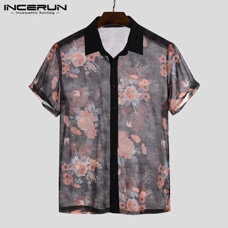 

Short Sleeve Lapel Mesh Blouse INCERUN Fashion Printed Men Shirts 2021 Summer Flower Floral Camisa Casual Button Loose Tops 5XL