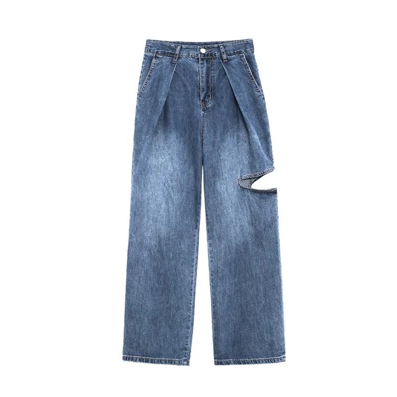 

XUXI Women High Waist Cowboy Pants Summer 2021 Thin Loose Wide-leg Jeans Fashion Hole Casual Trousers E2183