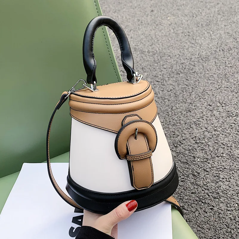 

Crossbody Shoulder Bag For Women 2021Leather luxury bag high quality Handbag Stitching Color Bucket Bag Branded Design Messenger