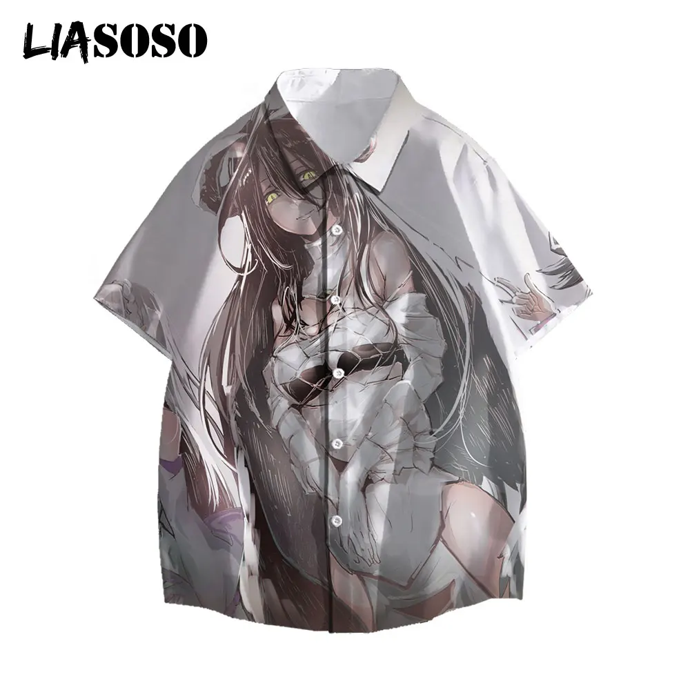 

LIASOSO 2021 Summer Men Shirts Casual Fashion Hawaiian 3D Printed Anime Albedo Short-Sleeve Blouses Tops Women Beach Shirts