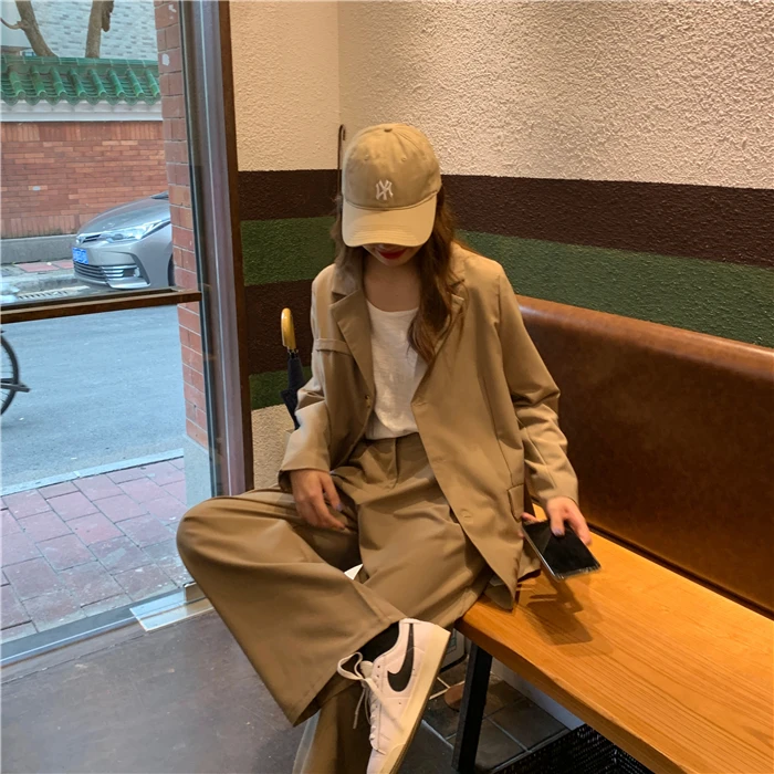 HziriP Autumn All Match Office Lady OL Style Solid Elegant Blazer+Straight Casual Loose Trouser Women Suits 2 Piece Sets