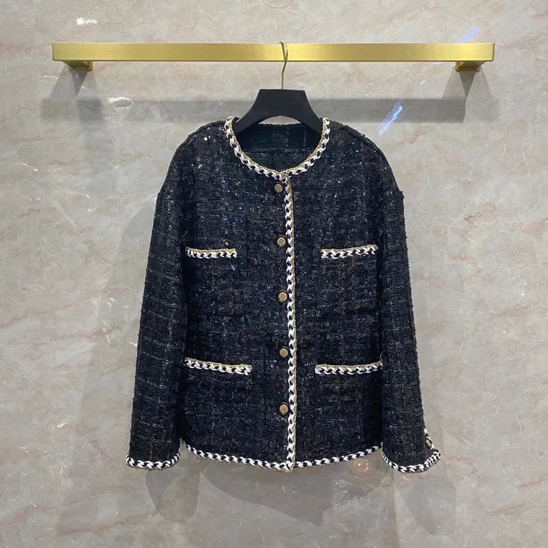 

New weaving plaid woolen coat female European European goods chain bead piece of gold ribbon package edge set auger coat