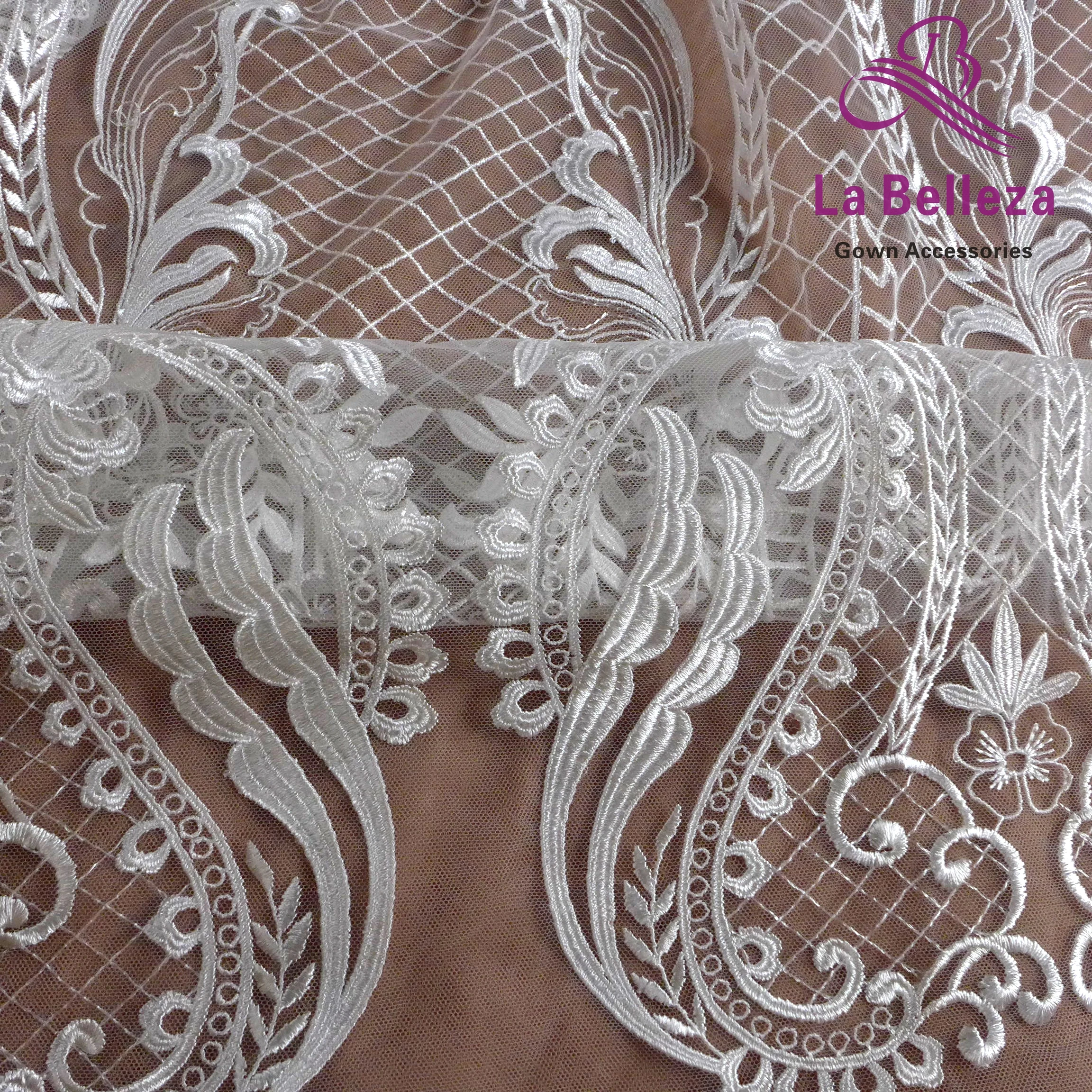 Высококачественная белая кружевная ткань с большим рисунком и вышивкой на сетке