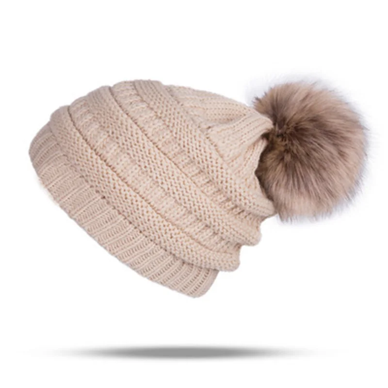 Женская теплая вязаная шапка CC Beanies, шапка из искусственного меха с помпонами, толстая женская шапка Skullies Skully, Женская Повседневная Лыжная Шапка s