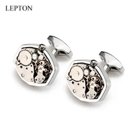 lepton steampunk gear watch mechanism cufflinks for men geometry silver color non functional watch movement cuff links for mens