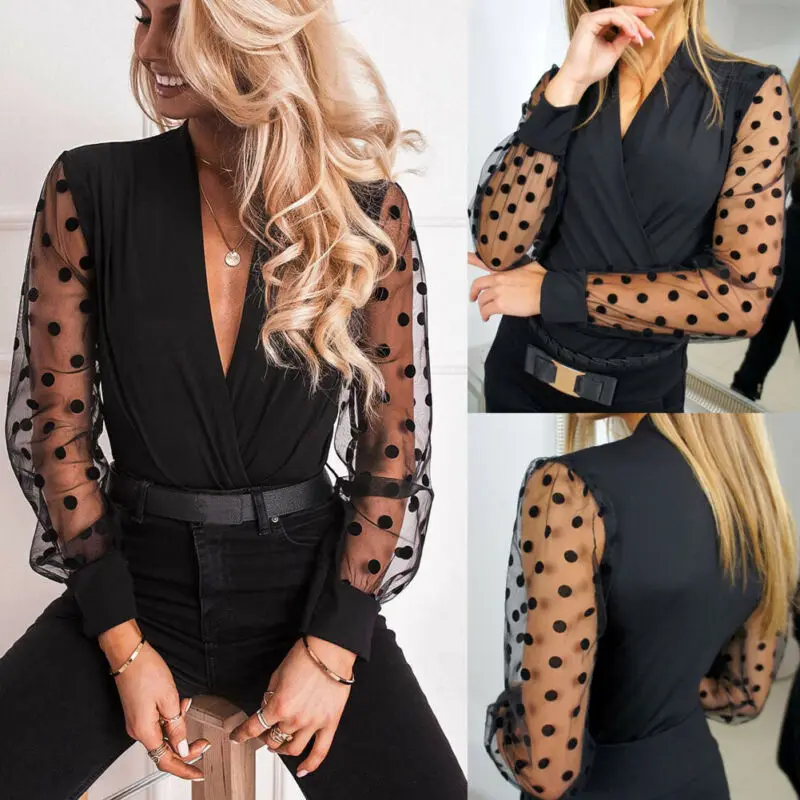 Женский сетчатый топ в горошек с длинными рукавами и v-образным вырезом