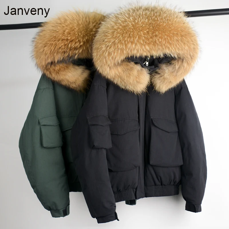 Janveny Huge Real Raccoon Fur Collar Hooded Winter Down Coat Women Short 90% White Duck Down Jacket Loose Warm Female Parkas