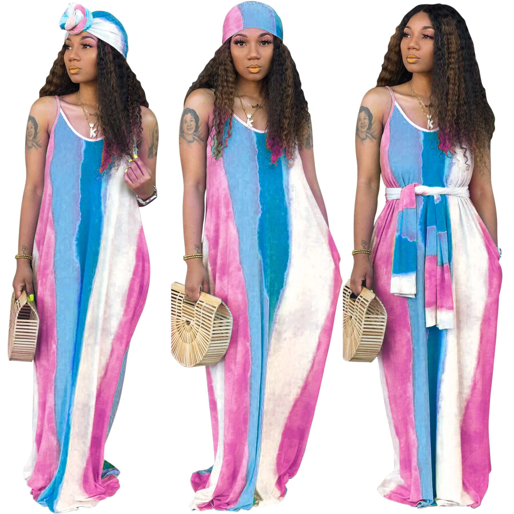 

Women Summer Beach Rainbow Stripes Print Sleeveless with Sashes Loose Maxi Dress 5 color Long Dresses Vestidos Plus Size 2XL