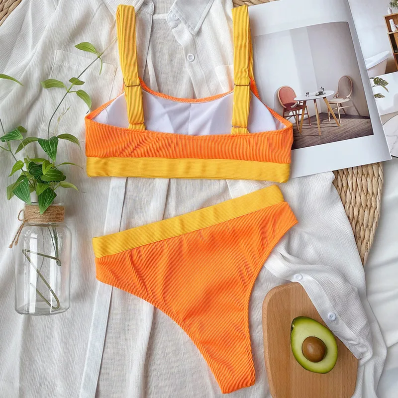 

Women's Ribbed Bikini Swimsuit Patchwork High Waist Swimwear Separate Bath Suit
