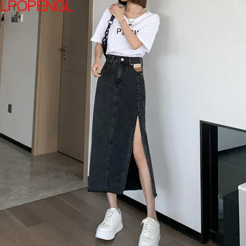 

2021 Summer New Style Women's Long Denim Skirt Retro High-waisted Jeans Skirt Female Straight Side Cut A-shaped Pencil Skirt 2xl