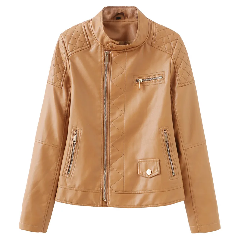 

Fannic 2020 Autumn Leisure Stand Collar Zipper Jacket Motorcycle Style Solid Color Black PU Leather Coat for Women