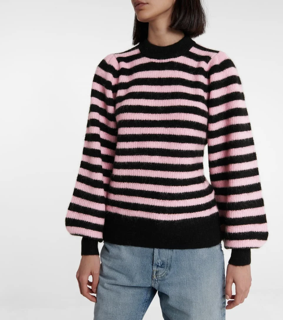 

Women O Neck Stripes Knitted Sweater 2021 Spring and Autumn Lantern Sleeve Ladies Knitted Pullover Tops Female Knitwear