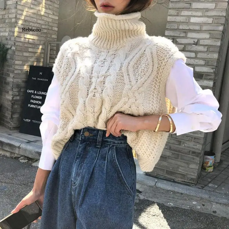 

Korean Fashion Women Turtleneck Sweaters Vest Solid Color Hemp Pattern Diamond Lattice Knitted Vest Female Autumn Winter New