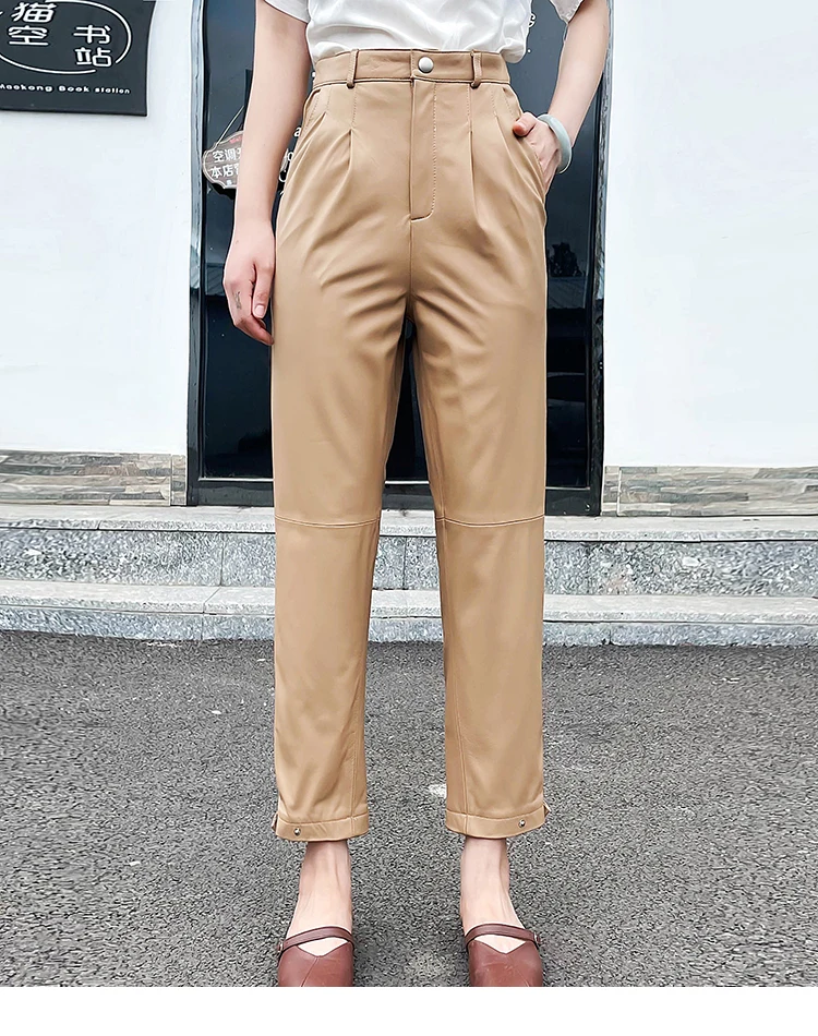 Осень-зима 2021 шикарные женские брюки-карандаш из натуральной кожи с высокой