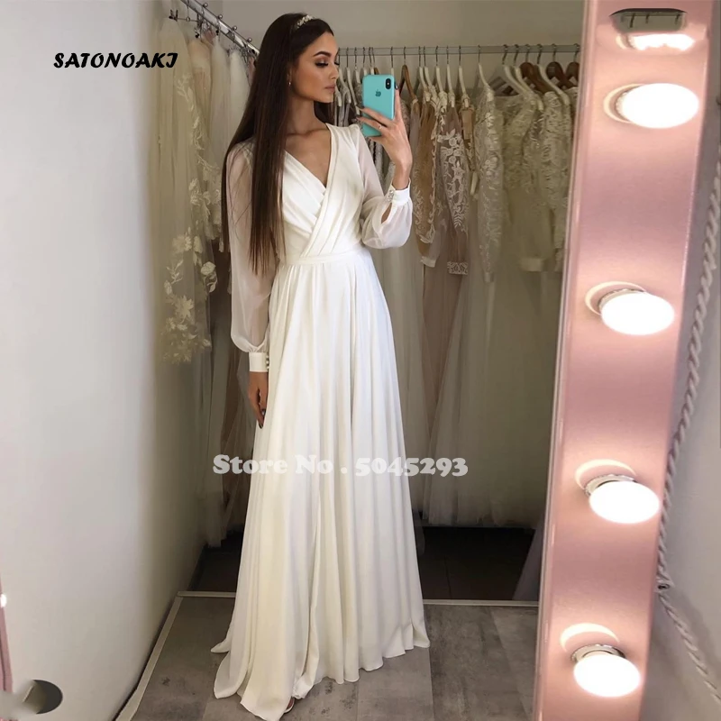

Simple Beach Wedding Dress 2021 For Women V-Neck Long Sleeve Chiffon Side Slit Floor Length Bridal Gown Vestido De Novia Mariee