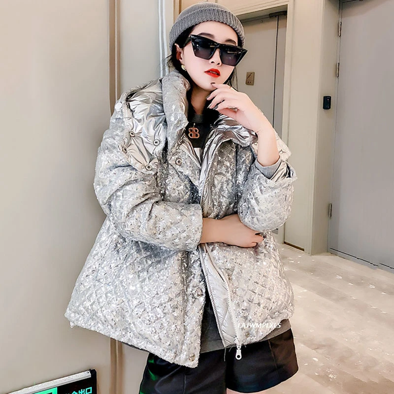 

2021 Winter Coat Female Streetwear Silver Full Sequins Winter Jacket Women Hooded Thick Warm Cotton Parka Puffer Jacket Women