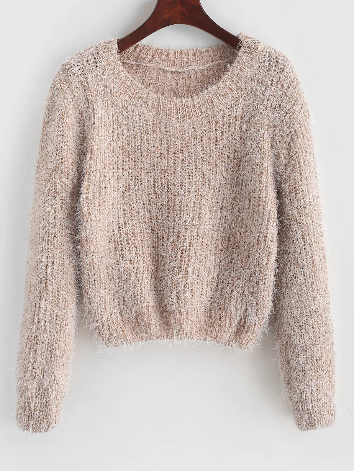 ZAFUL Pullover Fuzzy Heathered Sweater Fluffy Faux Fur Short Round Neck Elastic Daily Women Autumn Winter Pullovers Tops | Женская