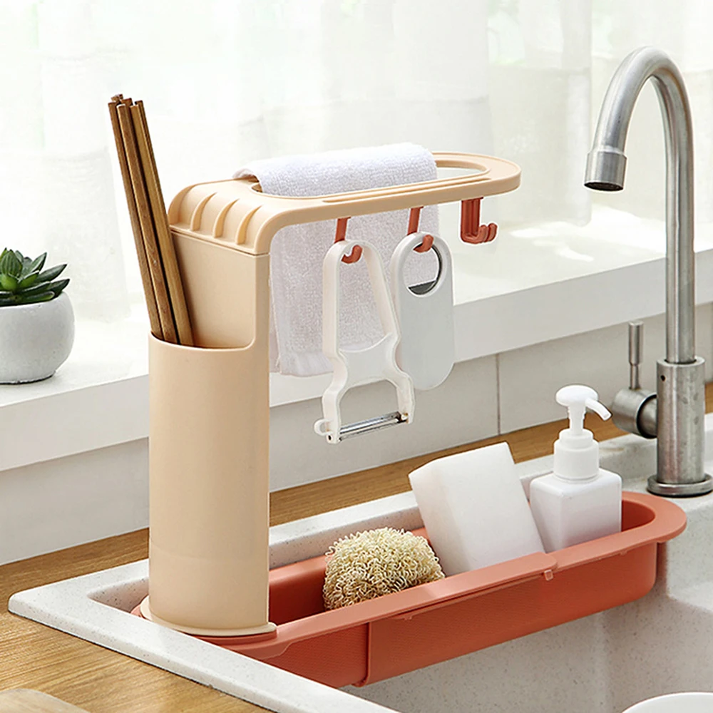

Sink Telescopic Drain Rack Soap Sponge Storage Basket Organizer Dishwashing Rag Hooks Holder Adjustable Shelf Kitchen Utensils
